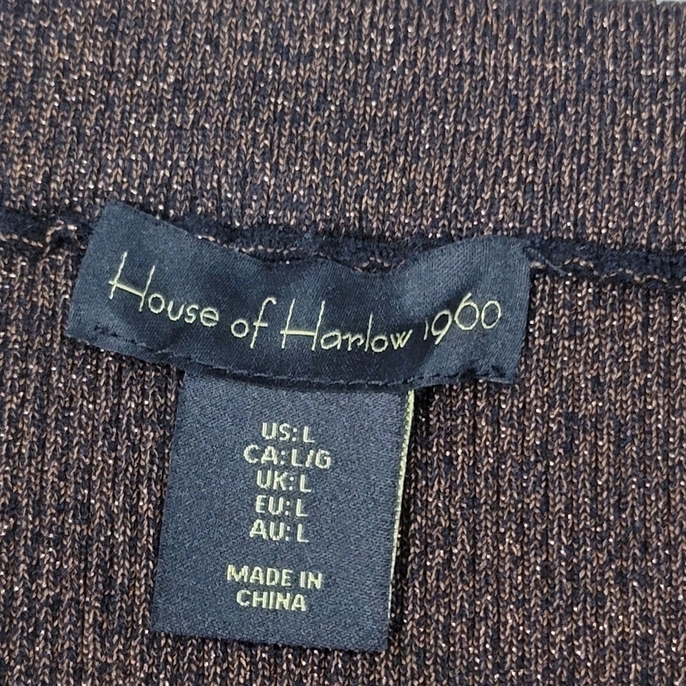 House of Harlow 1960 Bronze Black Ribbed Metallic Knit Midi Skirt Side Slit L - Picture 3 of 8